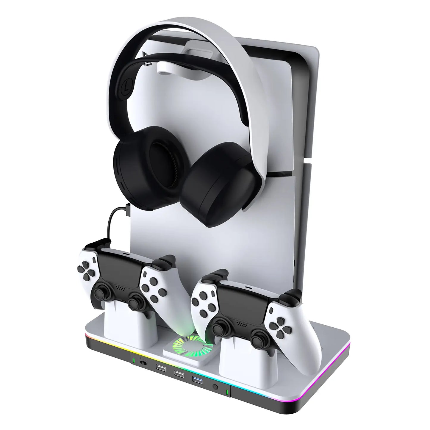 PS5 Cooling Station and Stand for Slim/Pro - Dual Controller Charging Dock with Cooling System, 3-Speed Quiet Fan, LED Indicator, and Headset Holder - Ideal Holiday Gift for PS5 Enthusiasts