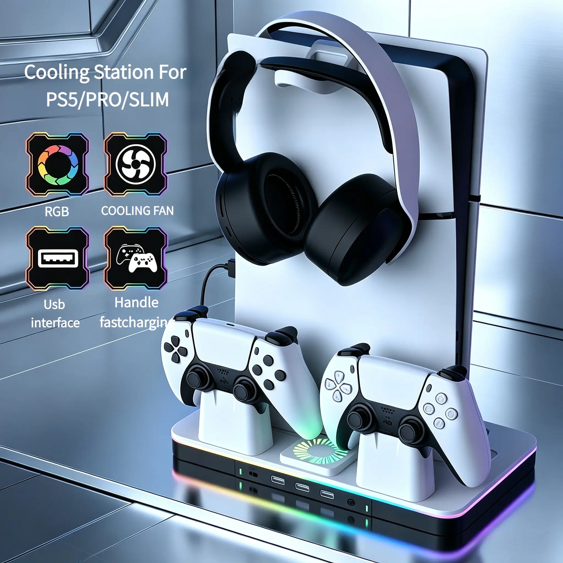 PS5 Cooling Station and Stand for Slim/Pro - Dual Controller Charging Dock with Cooling System, 3-Speed Quiet Fan, LED Indicator, and Headset Holder - Ideal Holiday Gift for PS5 Enthusiasts