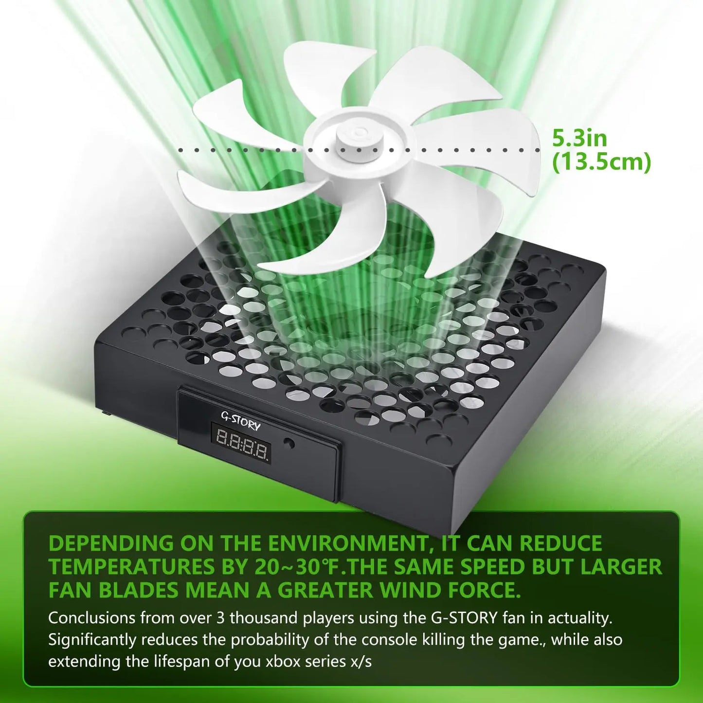 G-STORY Xbox Series X Cooling Fan with Automatic Temperature-Based Speed Adjustment, LED Display, High-Performance Cooling, Low Noise Operation, and RGB Lighting - 3 Speed Options (1500/1750/2000 RPM, 140MM)