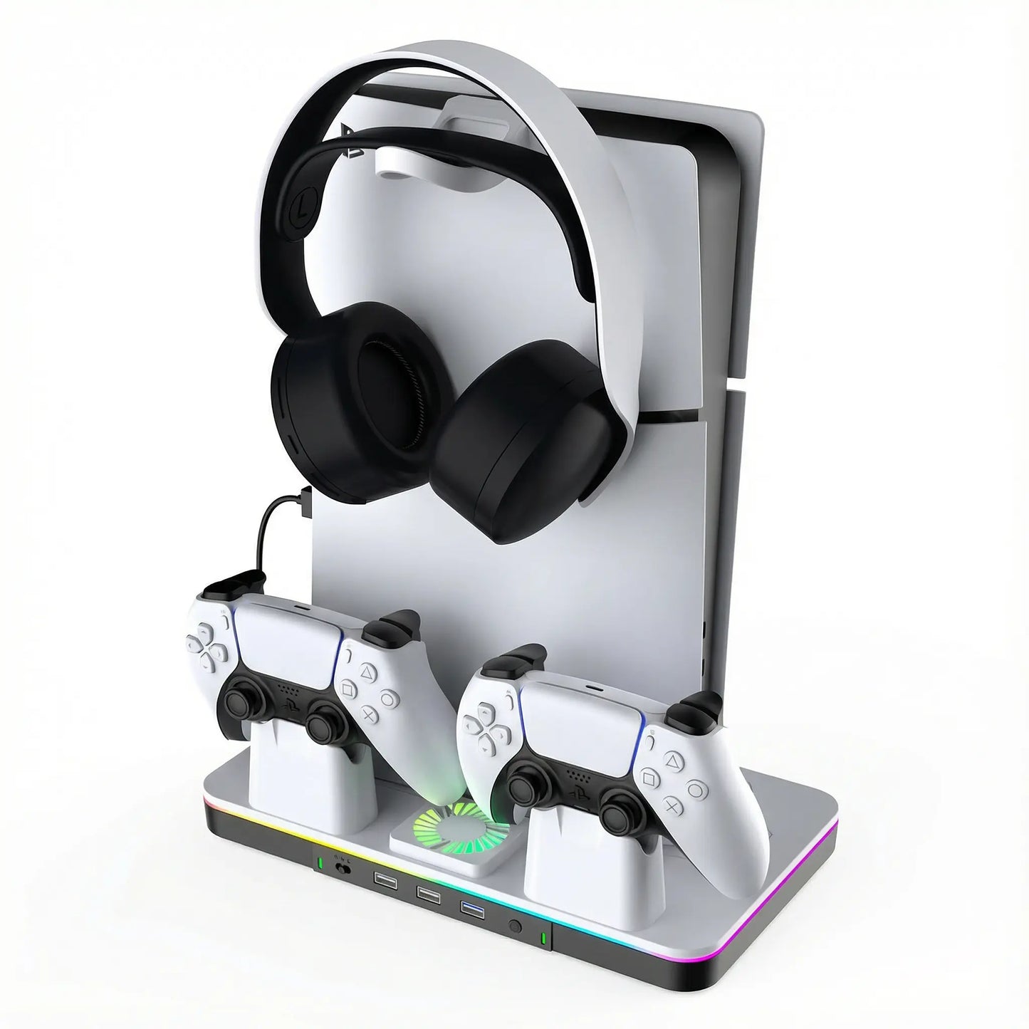 PS5 Cooling Station and Stand for Slim/Pro - Dual Controller Charging Dock with Cooling System, 3-Speed Quiet Fan, LED Indicator, and Headset Holder - Ideal Holiday Gift for PS5 Enthusiasts